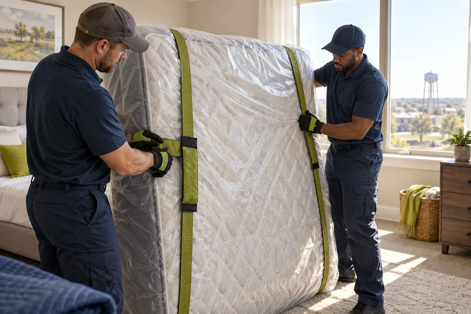 Movers securing a mattress in a protective bag before removal